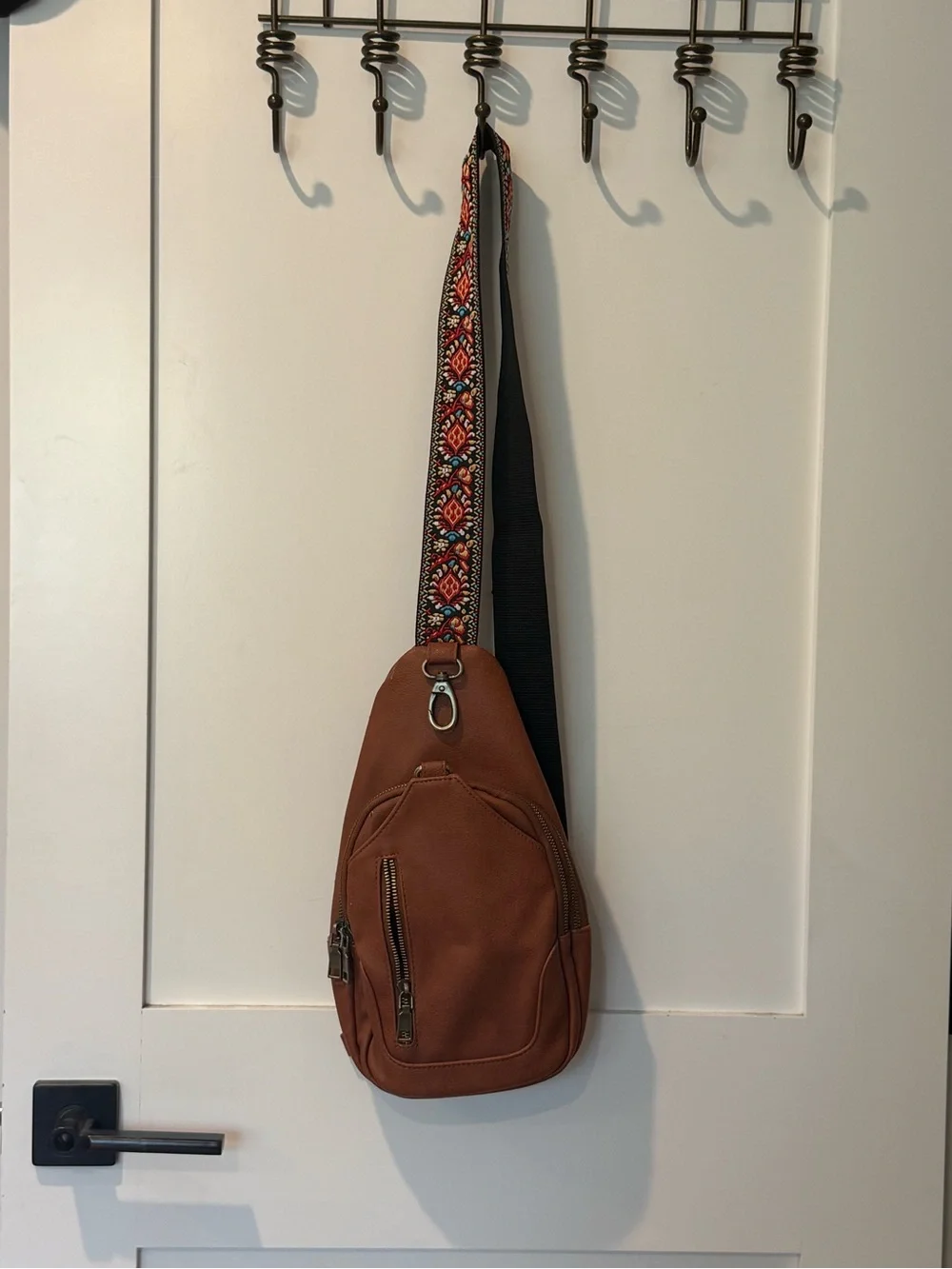 Brown Leather Sling Bag with Patterned Strap - Men